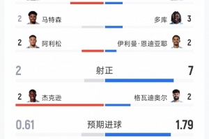 效率更高，维拉2-1曼城数据：射门8-15，射正2-7，得分机会1-4