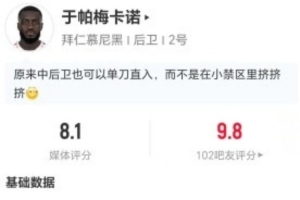 中卫大单刀破门!于帕本场1球+3解围4抢断2封堵 15对抗7成功
